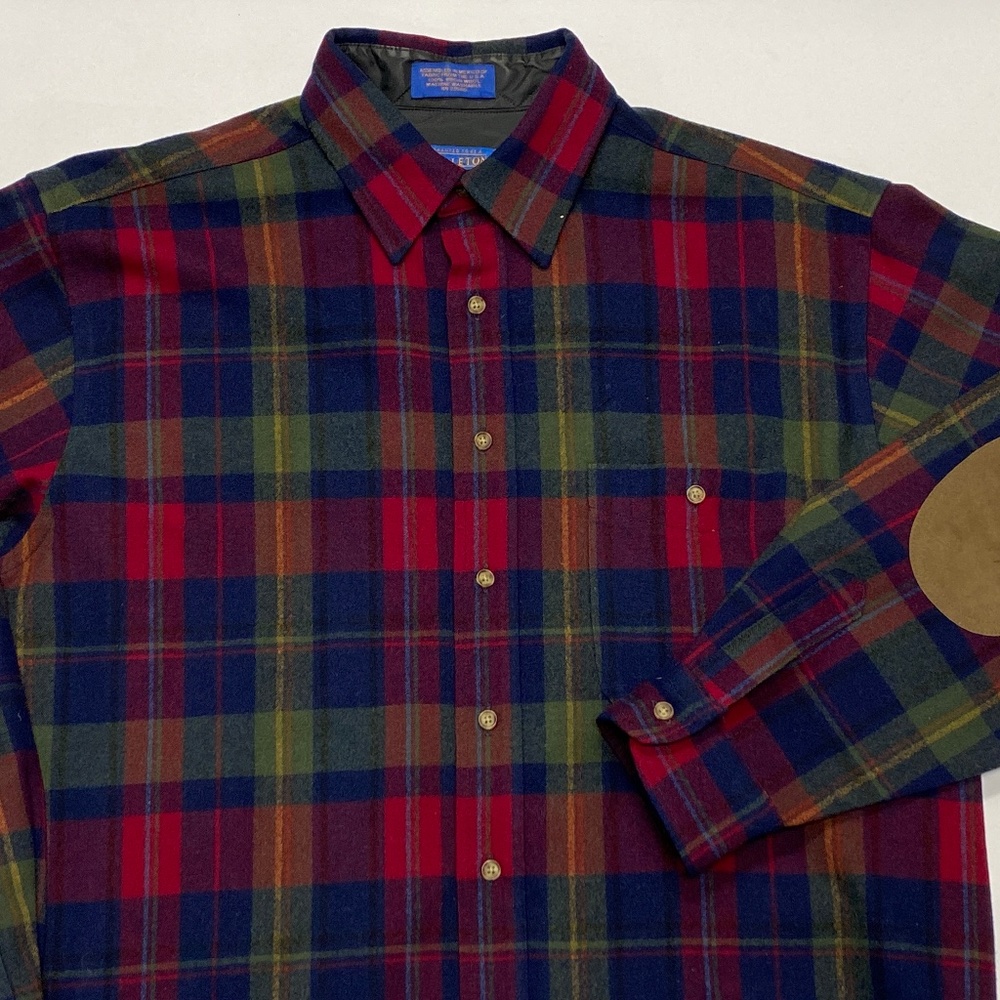 (Sold)Pendleton Virgin Wool Long Sleeve Button Up Elbow Patches Shirt Mens